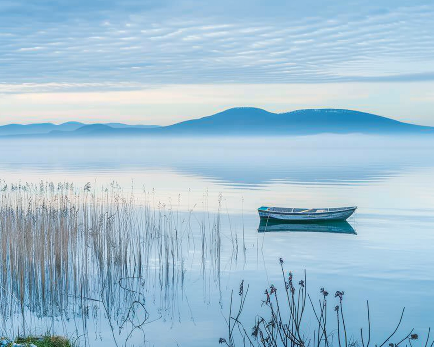 Liqen i qetë me një varkë dhe kodra në horizont